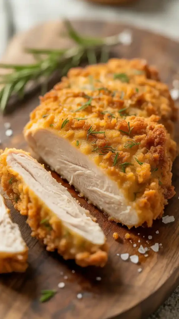 "A close--up of a perfectly crispy chicken cutlet, showing off the beautiful, golden-brown crust made from homemade bread crumbs."