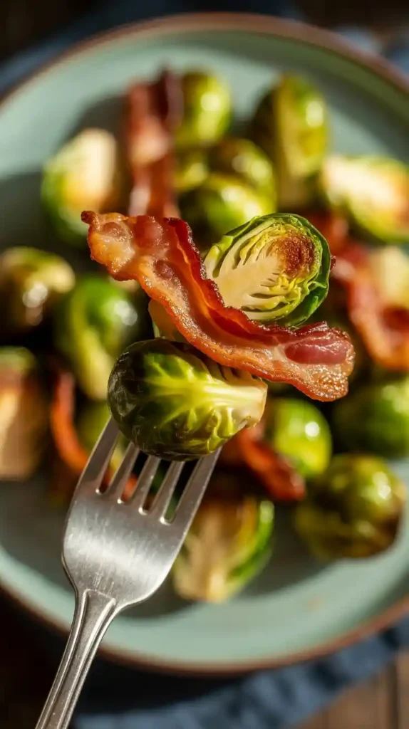 A top-down view of crispy and caramelized brussel sprouts in an air fryer basket." and "A close-up image of a fork holding a crispy, balsamic-glazed brussel sprout with a piece of bacon."