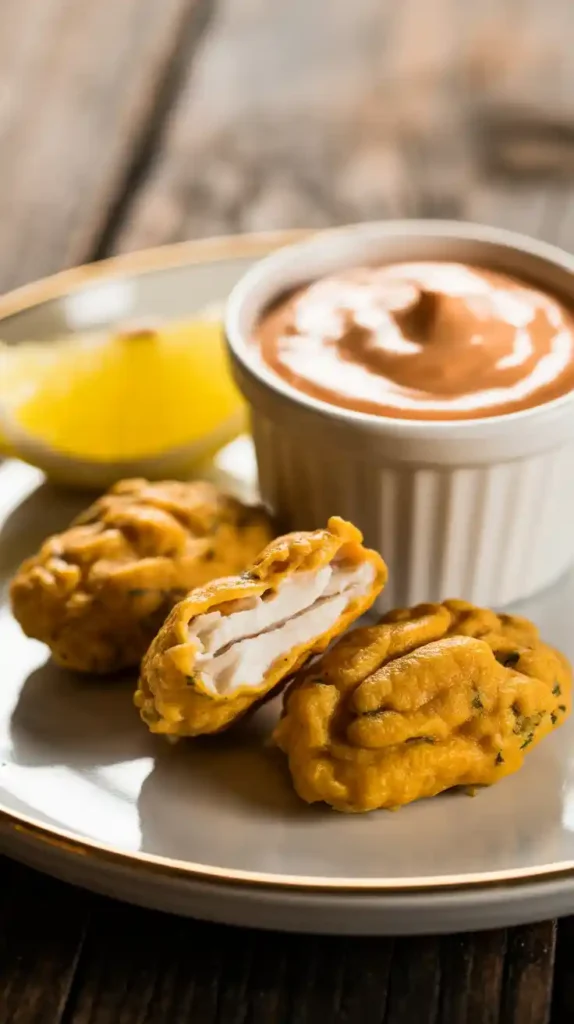 A close-up of crispy air-fried gator bites on a plate with a dipping sauce, one broken open to show the tender interior."