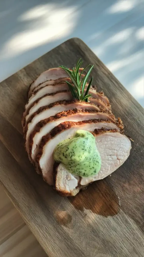 A close-up of a cooked pheasant breast, sliced to show its juicy and tender interior, with melting butter on top."