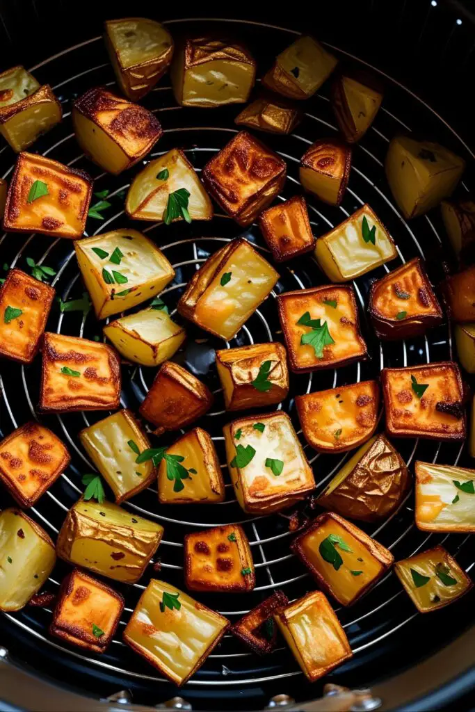 A top-down view of golden, crispy potato cubes cooking in an air fryer basket." and "A close-up macro shot of a fork holding a perfectly crispy and seasoned air fryer potato cube."