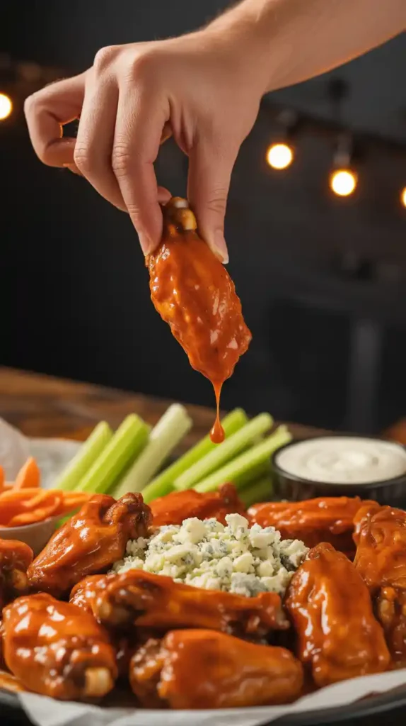 "A close-up action shot of a hand holding a saucy buffalo wing, with a platter of wings and dip in the background."