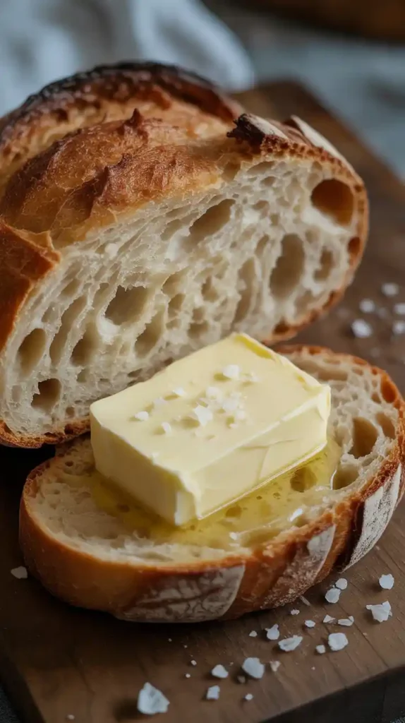 A close-up of a thick, warm slice of homemade bread, showing the airy crumb with a pat of salted butter melting on top."