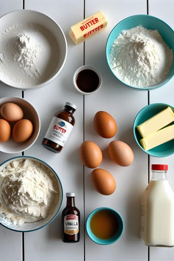 A flat-lay collage of ingredients for a pull-apart cupcake cake, including flour, sugar, butter, eggs, and colorful sprinkles.