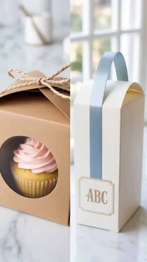  A side-by-side photo showing two different DIY cake box designs: one with a window and another with a ribbon handle and a gold monogram.