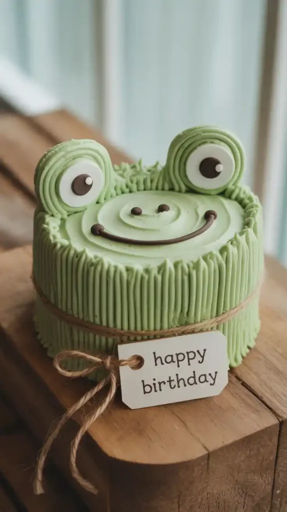 "A close-up image showing the cute, simple piping details and charmingly rustic texture of a bento box cake."