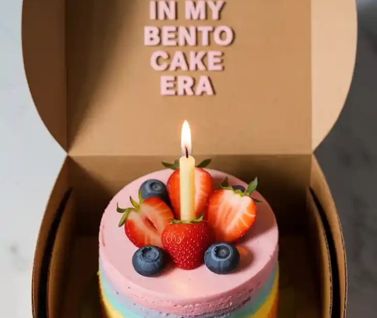 A Pinterest pin with the text "In My Bento Cake Era" over a photo of a cute, pastel-colored bento cake in a takeout box.