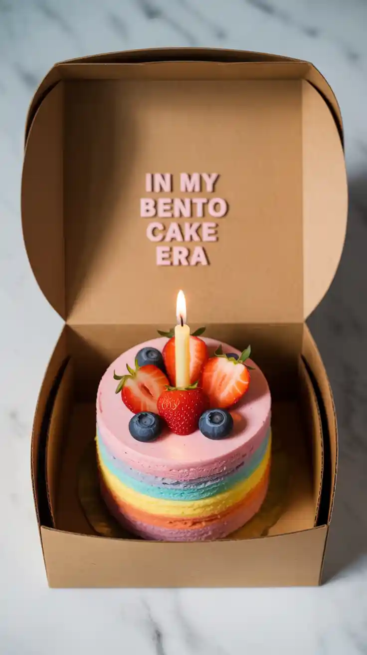 A Pinterest pin with the text "In My Bento Cake Era" over a photo of a cute, pastel-colored bento cake in a takeout box.