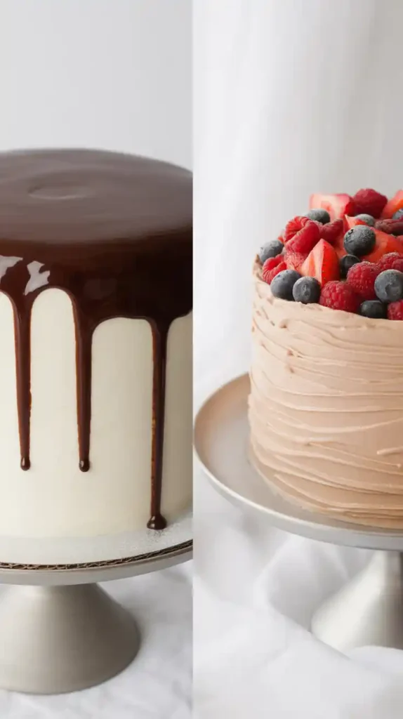 A side-by-side comparison of two easily decorated cakes: one with a chocolate drip and another topped with fresh berries and rustic frosting swirls.
