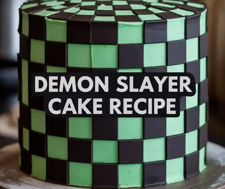 A finished Demon Slayer cake decorated with Tanjiro's green and black checkerboard pattern, with the text "Demon Slayer Cake Recipe" overlaid.