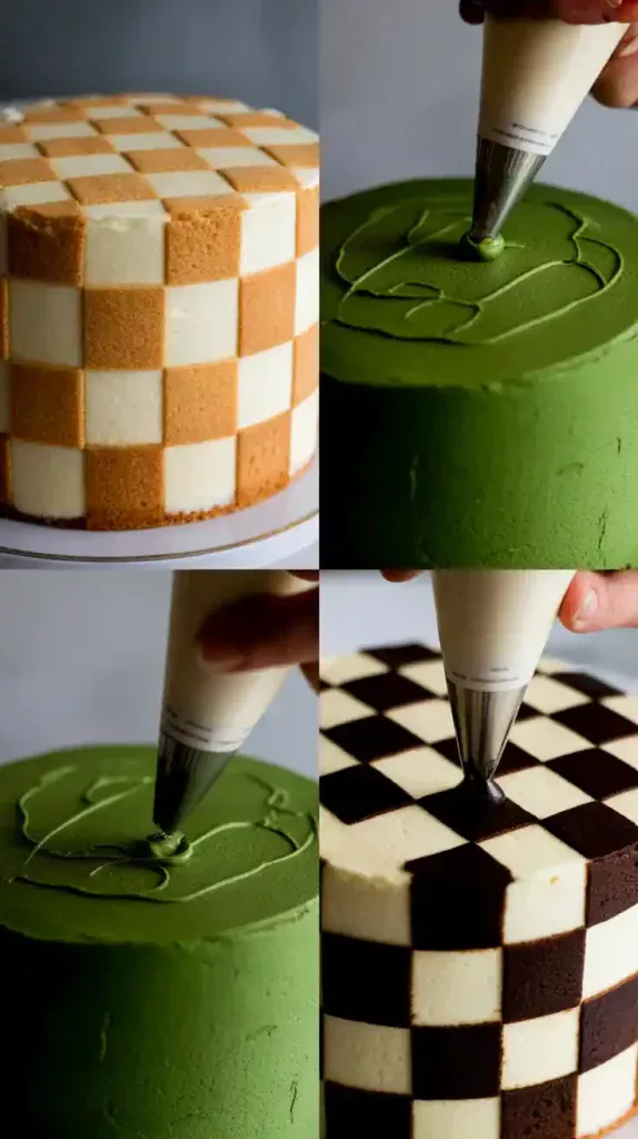 A four-part collage showing the process of decorating a Demon Slayer cake, from marking the grid to piping the black and green squares.