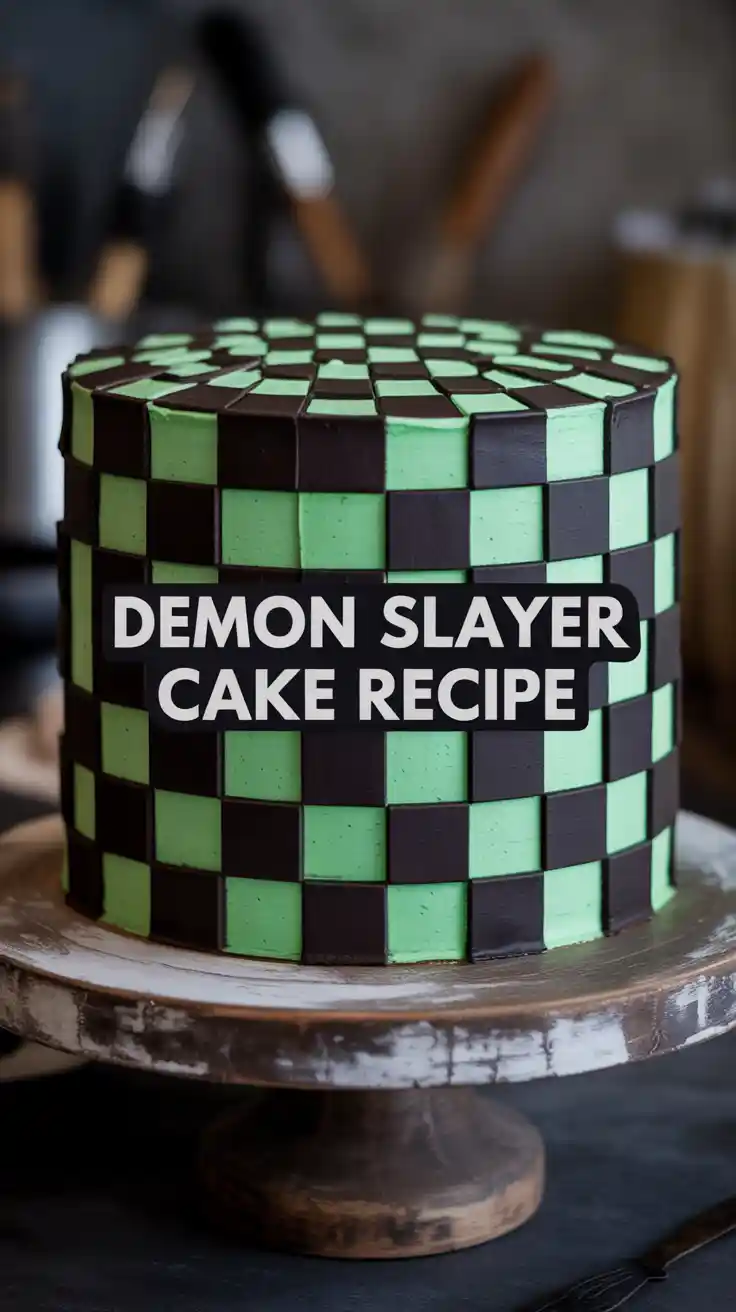 A finished Demon Slayer cake decorated with Tanjiro's green and black checkerboard pattern, with the text "Demon Slayer Cake Recipe" overlaid.
