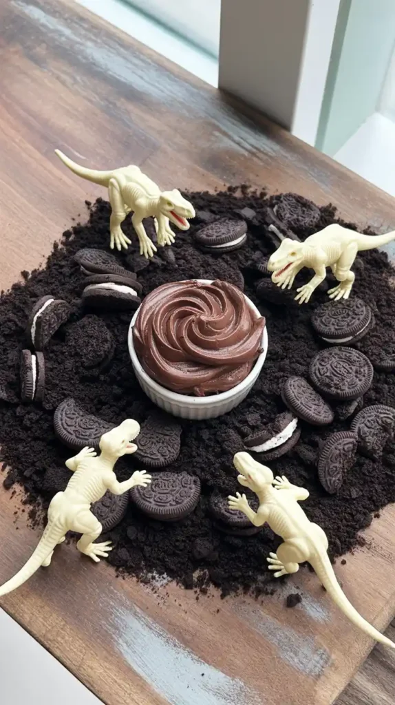 A flat lay collage showing the elements for a dinosaur dig cake: chocolate frosting, crushed Oreo dirt, and toy dinosaur skeletons.