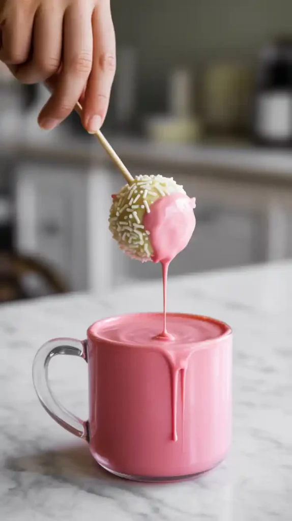 A close-up action shot of a cake pop being dipped into a mug of melted pink candy, showing the smooth coating process.