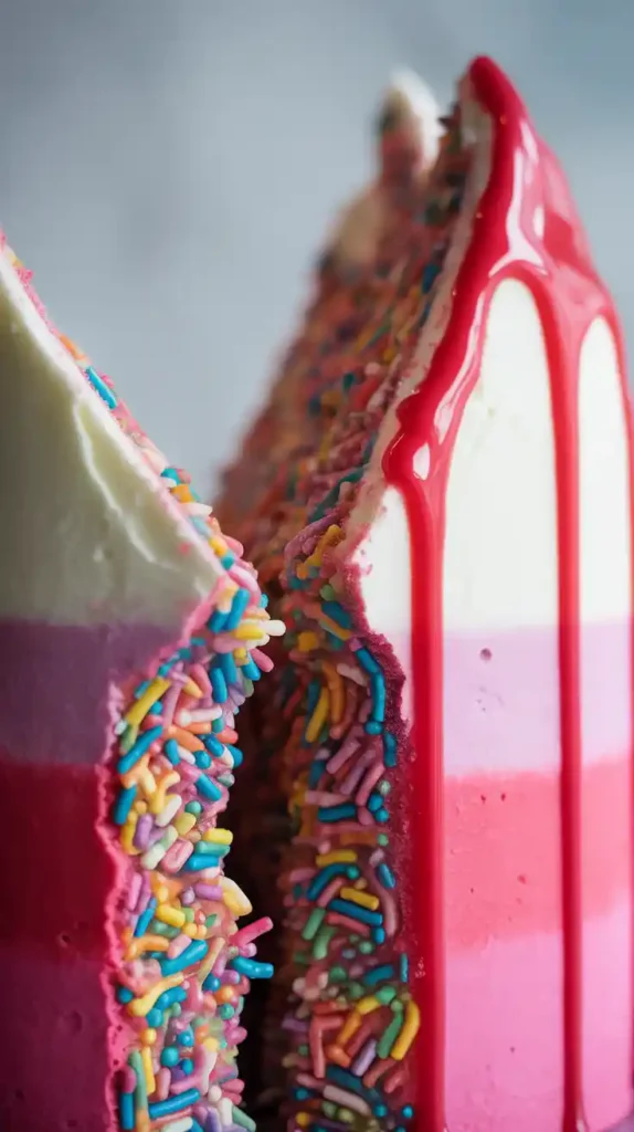 "A close-up macro shot of the sprinkle-filled fault line detail on a modern birthday cake."