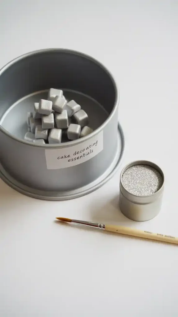 A flat lay image of the essential tools for making a disco ball cake, including a sphere pan, silver fondant squares, and luster dust.