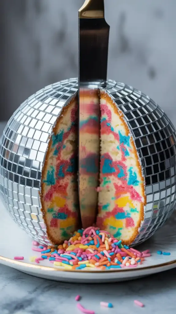 "A complete, sparkling disco ball cake sitting on a party table, reflecting colored lights." and "A close-up image of a slice being cut from the disco ball cake, revealing the funfetti interior."