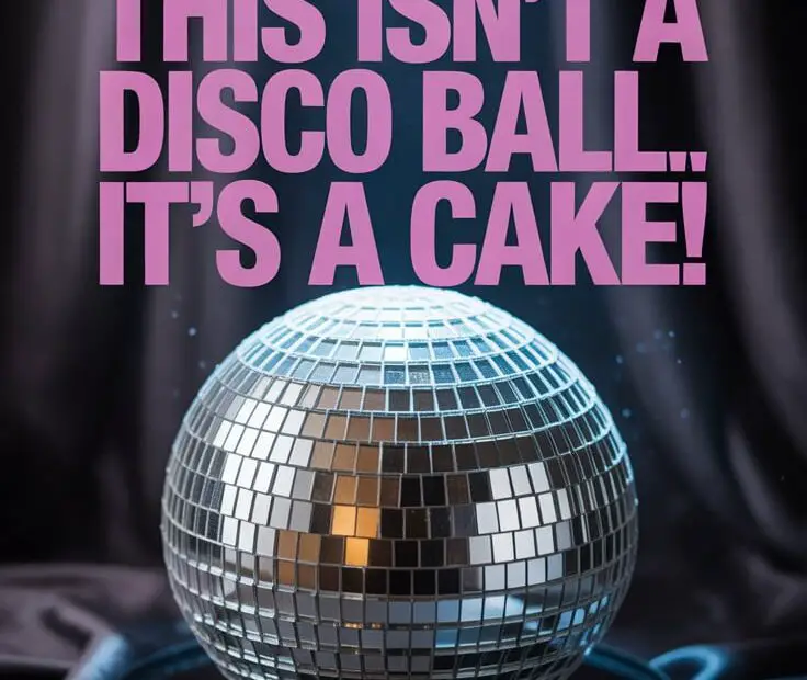 A Pinterest pin with the text "This Isn't a Disco Ball... IT'S A CAKE!" over a photo of a sparkling, realistic disco ball cake.