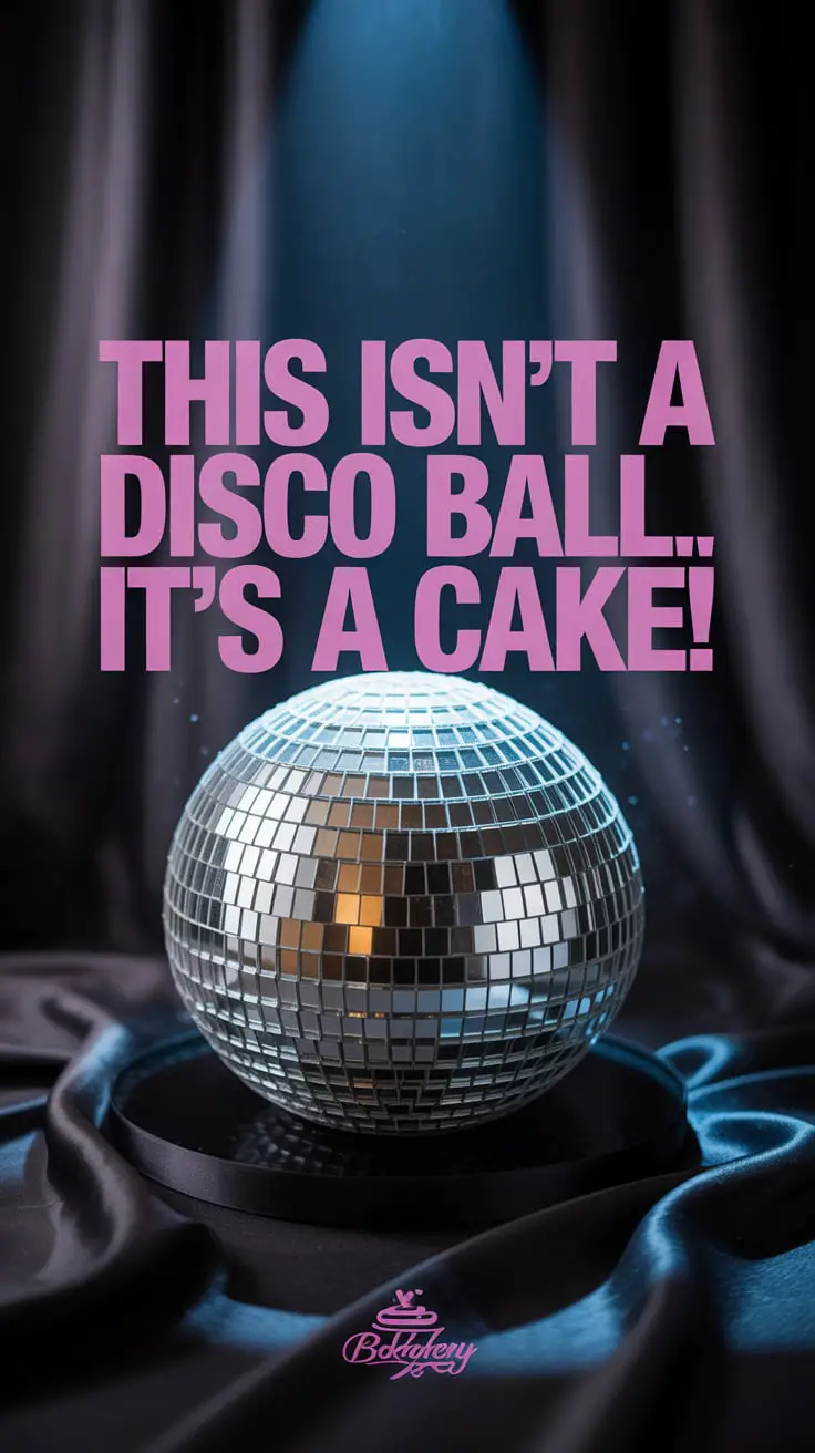 A Pinterest pin with the text "This Isn't a Disco Ball... IT'S A CAKE!" over a photo of a sparkling, realistic disco ball cake.