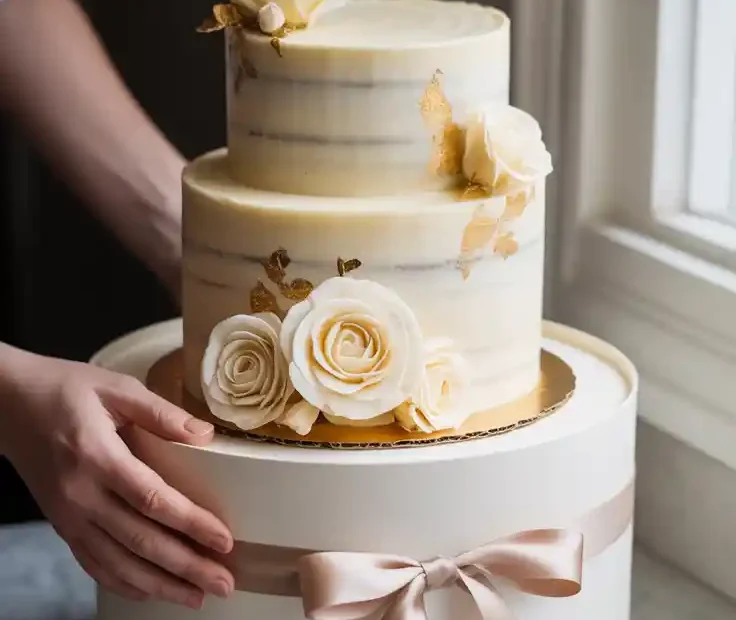 A Pinterest pin showing a homemade cake being placed in a DIY cake box, with a text overlay that says "DIY Cake Box Design."