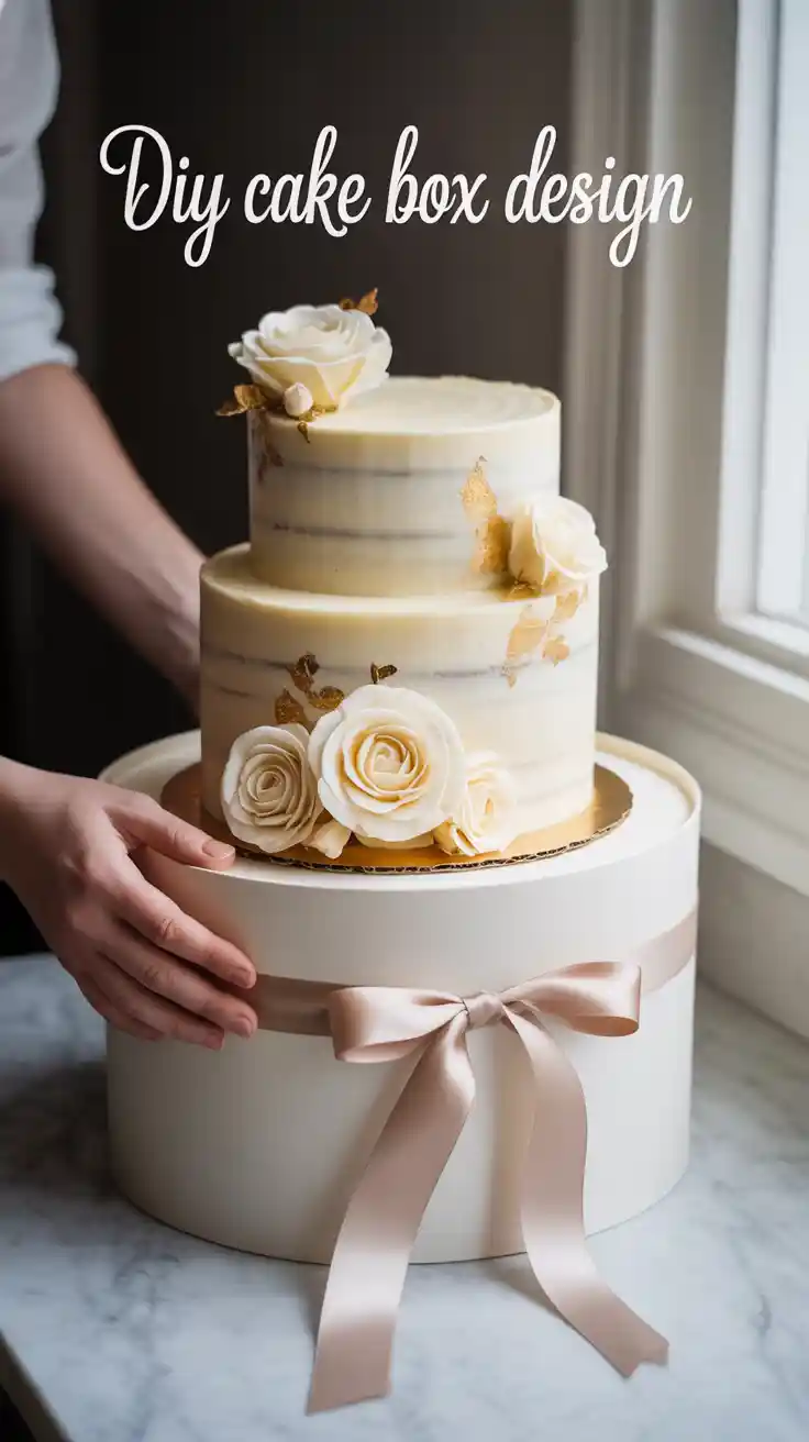 A Pinterest pin showing a homemade cake being placed in a DIY cake box, with a text overlay that says "DIY Cake Box Design."