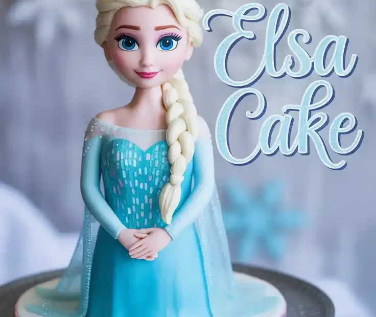 A Pinterest pin showing a finished Elsa doll cake with sparkling blue frosting and text that reads "Easy DIY Elsa Cake."
