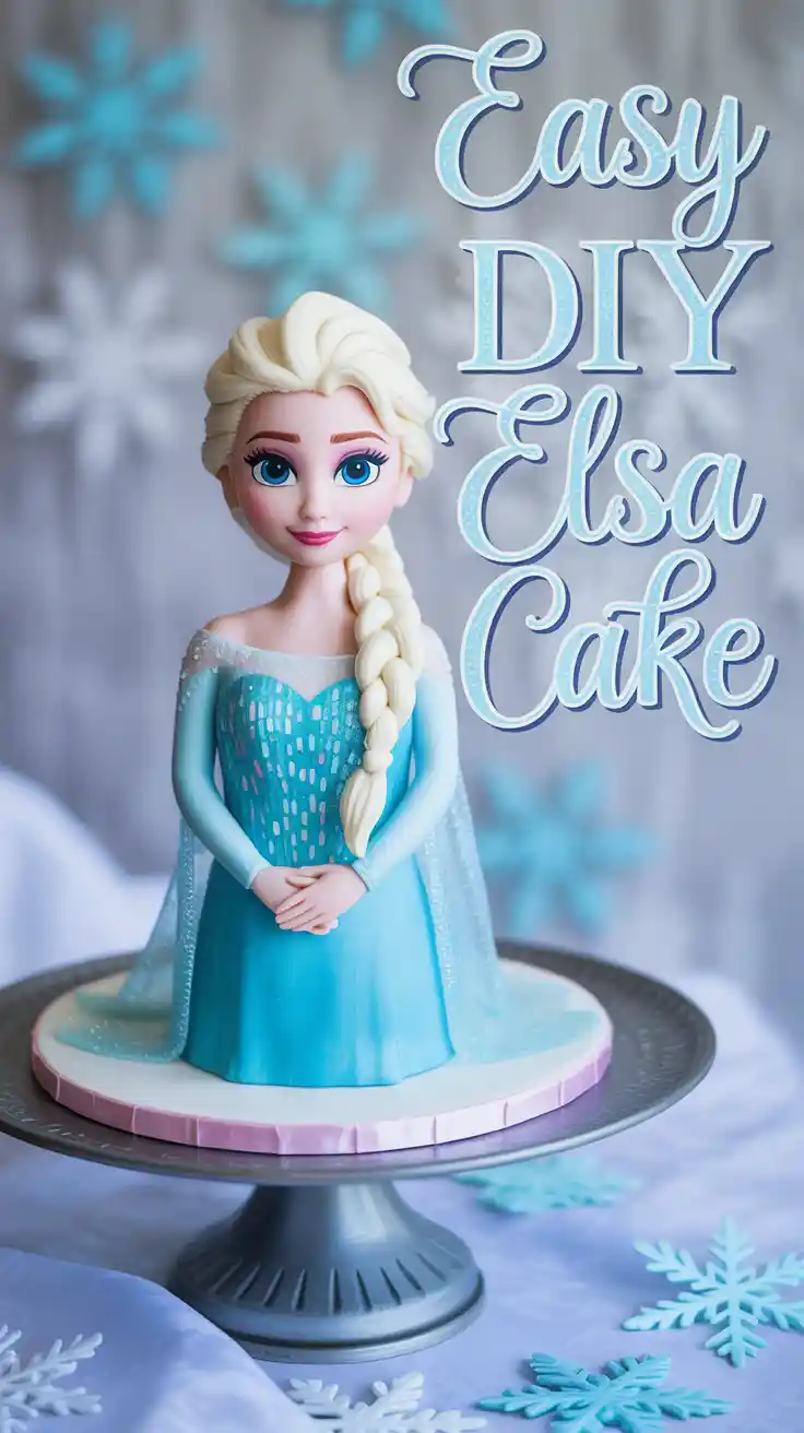 A Pinterest pin showing a finished Elsa doll cake with sparkling blue frosting and text that reads "Easy DIY Elsa Cake."