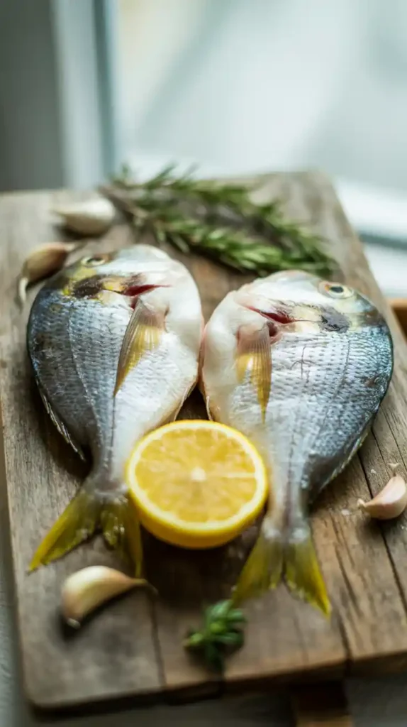 A flat lay collage showing the fresh ingredients for a Mediterranean dorado fish recipe: raw fish fillets, lemon, rosemary, and garlic.