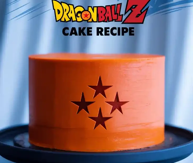 A bright orange Dragon Ball Z cake decorated like the 4-star Dragon Ball, with the text "Dragon Ball Z Cake Recipe" overlaid.