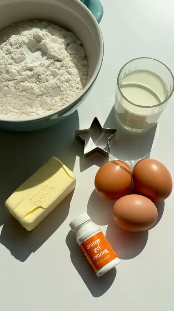 A flat lay of ingredients for a Dragon Ball Z cake, including flour, butter, and a prominent bottle of orange food coloring.
