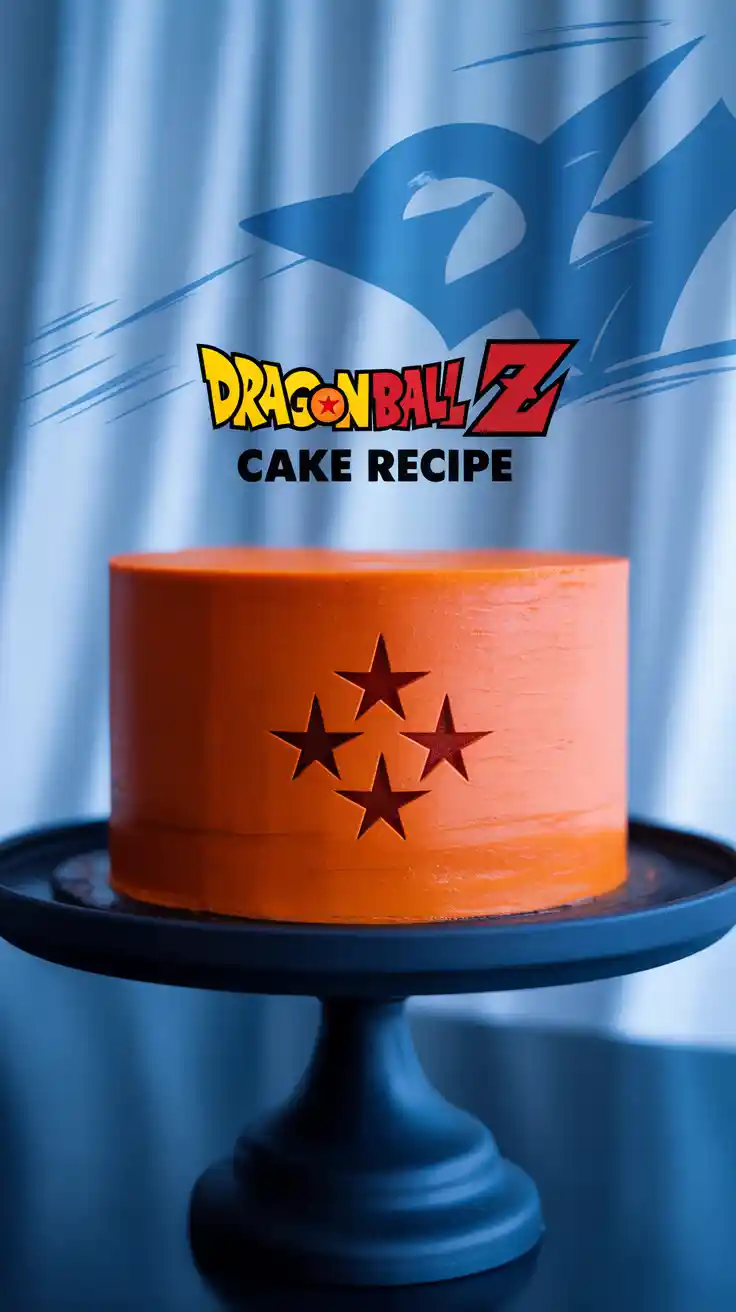 A bright orange Dragon Ball Z cake decorated like the 4-star Dragon Ball, with the text "Dragon Ball Z Cake Recipe" overlaid.