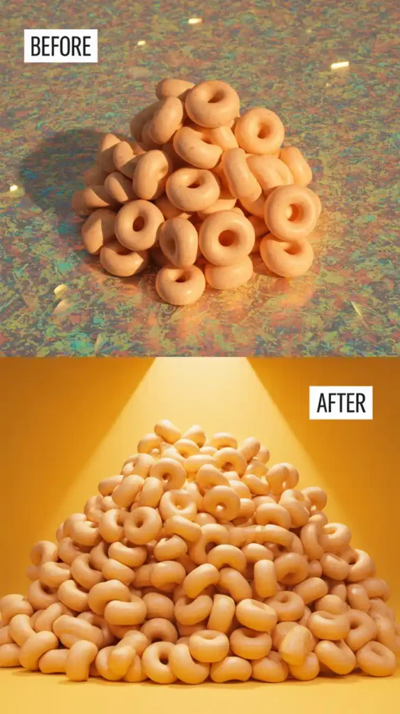 A collage showing the dramatic transformation of duros, with the small, hard, uncooked wheels on one side and the large, puffy, cooked crisps on the ot