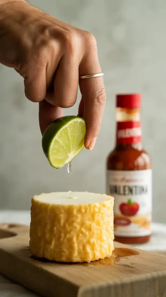  "A close-up of a hand squeezing a lime wedge over a large, crispy, air-fried duro wheel, with a bottle of hot sauce in the background."