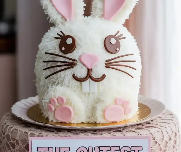 A Pinterest pin with the text "The Cutest Easter Cake HACK!" over a photo of an adorable, coconut-covered Easter bunny cake.