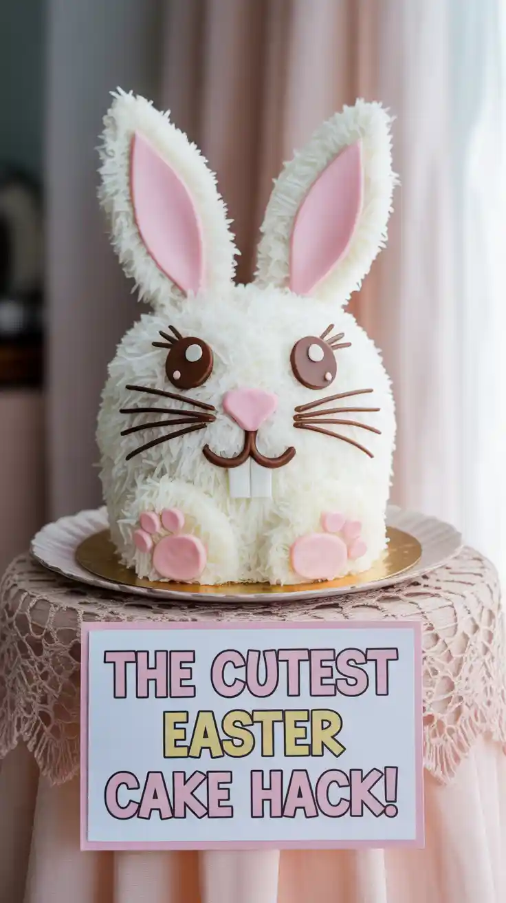 A Pinterest pin with the text "The Cutest Easter Cake HACK!" over a photo of an adorable, coconut-covered Easter bunny cake.