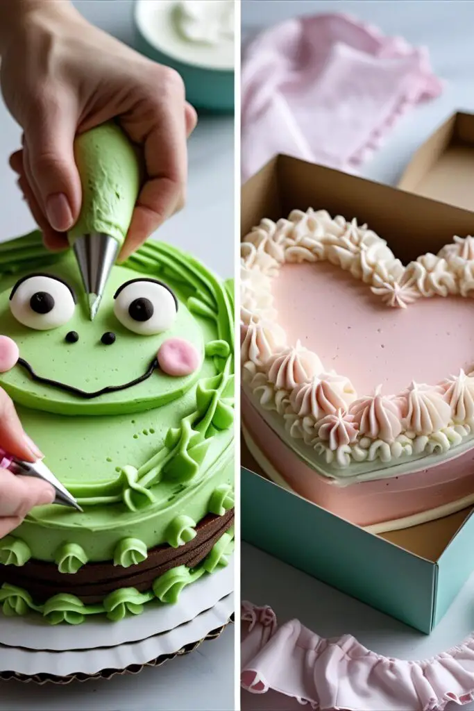 Two different bento cake ideas: one being decorated with a frog face, and a finished vintage heart-shaped cake.