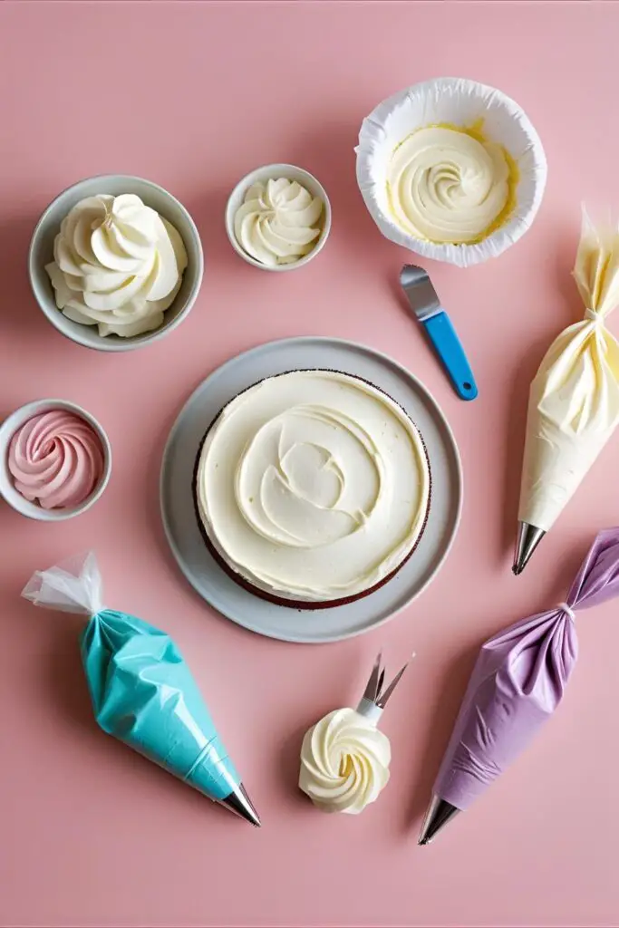A collage of ingredients and tools for making a bento cake, including a mini cake layer, frosting, and a bento box.

