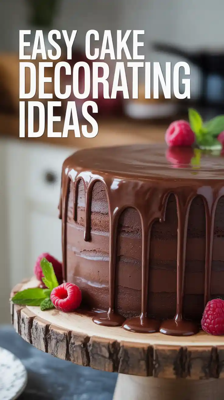 A Pinterest pin with a chocolate drip cake in the background and text that reads: 5 easy cake decorating ideas for beginners.