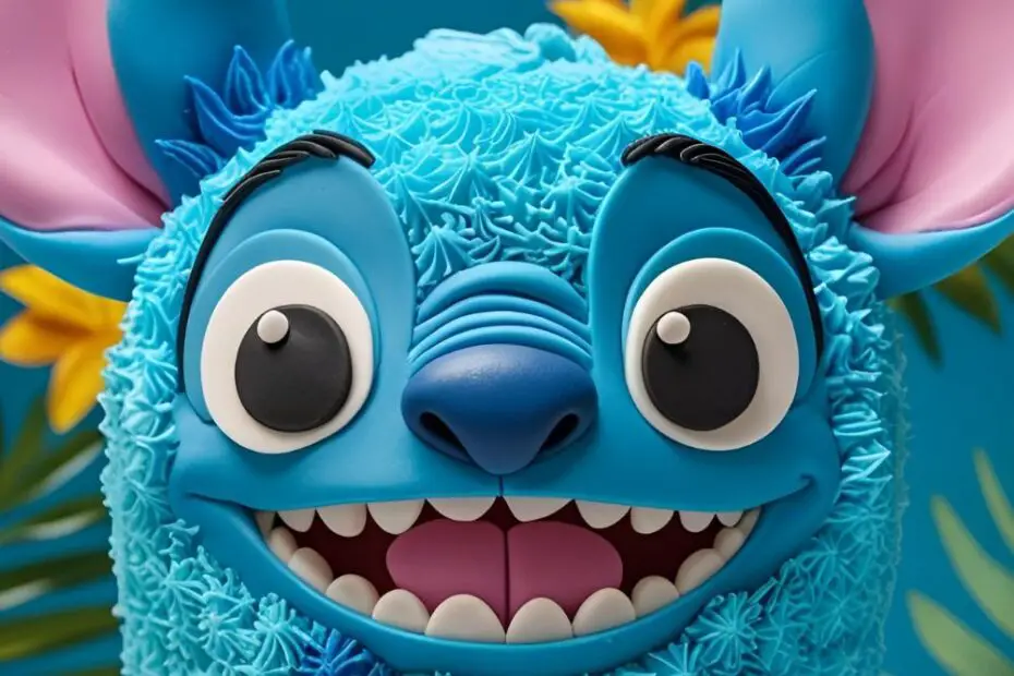 A cute blue birthday cake decorated to look like Stitch from Lilo & Stitch, with the text overlay "The CUTEST Stitch Cake Ideas!".