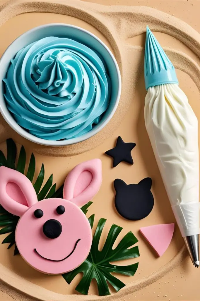 A collage of decorating supplies for a Stitch cake, including blue buttercream, fondant ears, and a piping bag.