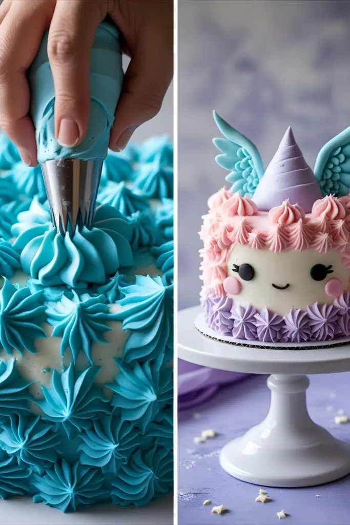 Two images showing the process of piping blue fur for a Stitch cake and a finished pink "Angel" cake variant.