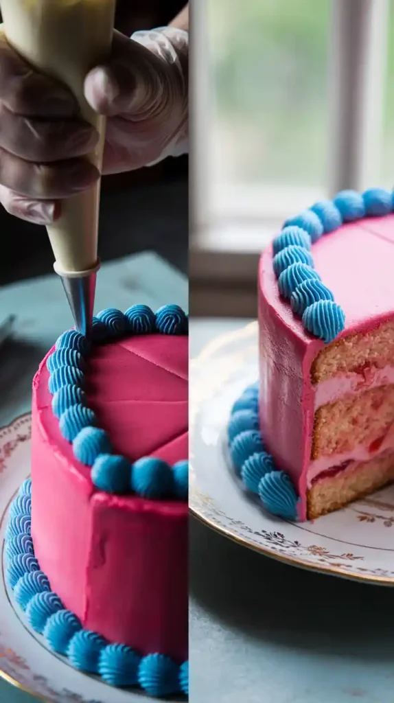A side-by-side image showing the process of piping a border on the Melanie Martinez cake and a finished slice revealing the pink cake inside.