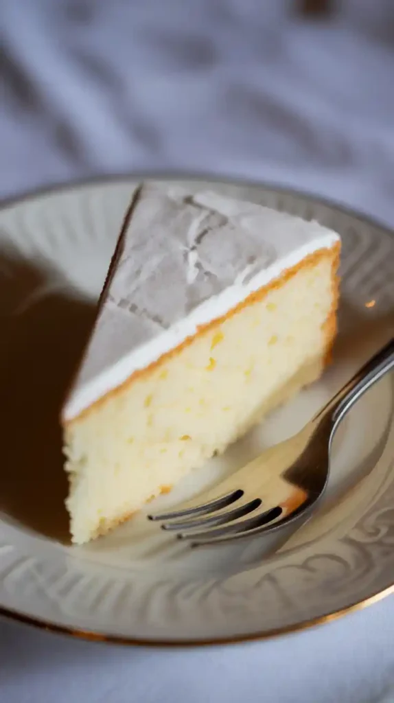 A close-up image of a perfect slice of white cake, showing the fine, snowy-white crumb and texture."