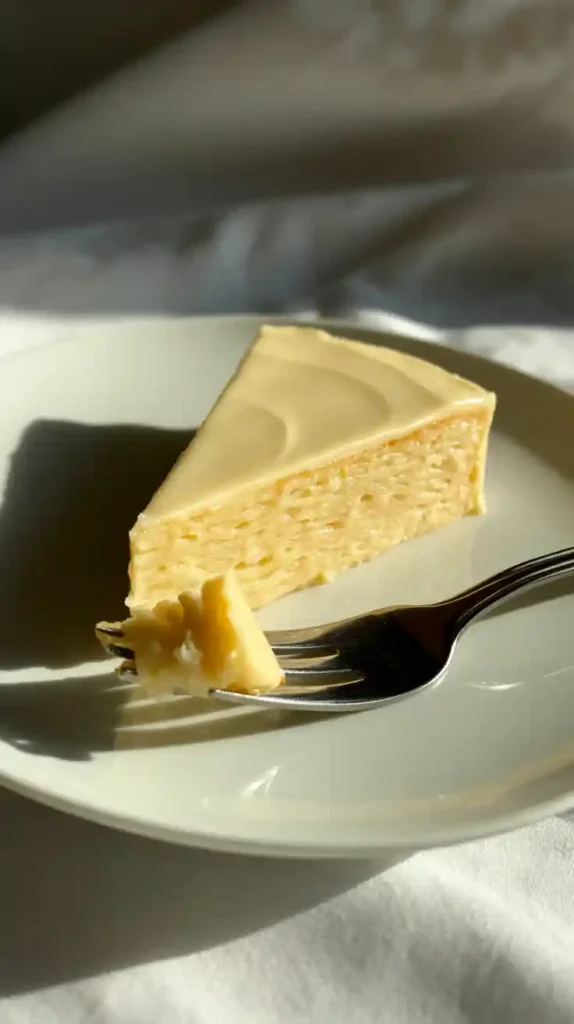 "A close-up image of a slice of moist white chocolate cake, showing the dense and creamy crumb."