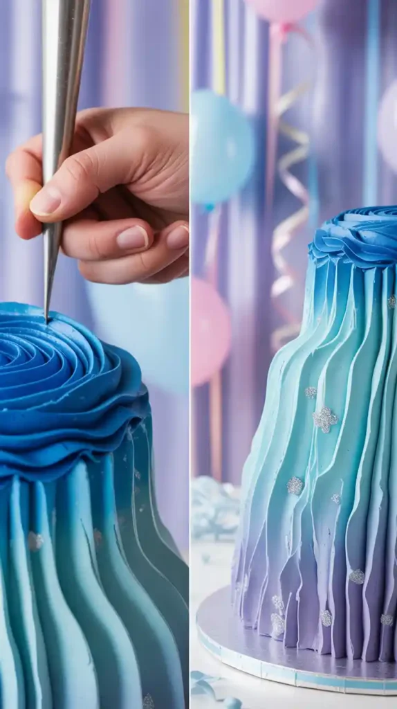 A side-by-side image showing the process of piping frosting onto an Elsa cake and the beautifully finished and sparkling final Elsa doll cake.