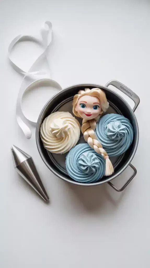 A flat lay of ingredients and tools for making an Elsa doll cake, including the special pan, an Elsa doll, and bowls of blue ombré frosting.