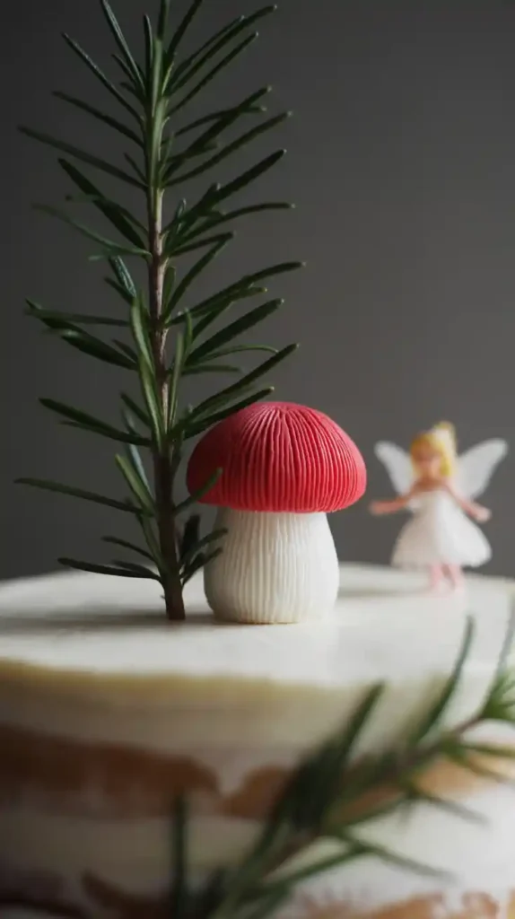 "A magical close-up shot of a candy mushroom and a rosemary 'tree' on a fairy garden cake, creating a miniature forest scene."