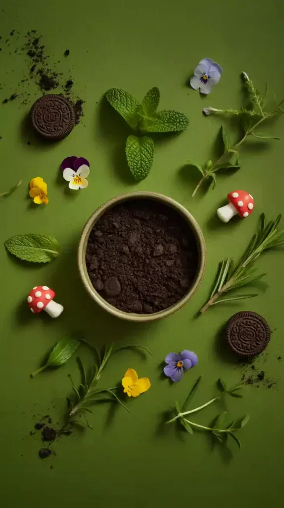A flat lay collage showing the natural and edible decorations for a fairy garden cake: Oreo dirt, fresh herbs, edible flowers, and candy mushrooms.