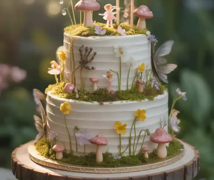 A Pinterest pin with the text "The Most Magical Cake You'll Ever Make" over a photo of a beautiful, whimsical fairy garden cake.