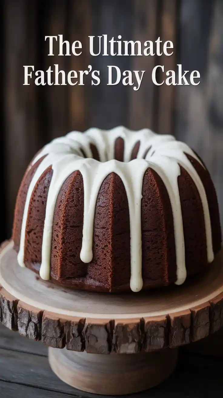A rich chocolate stout Bundt cake with cream cheese frosting, with the text "The Ultimate Father's Day Cake" overlaid.